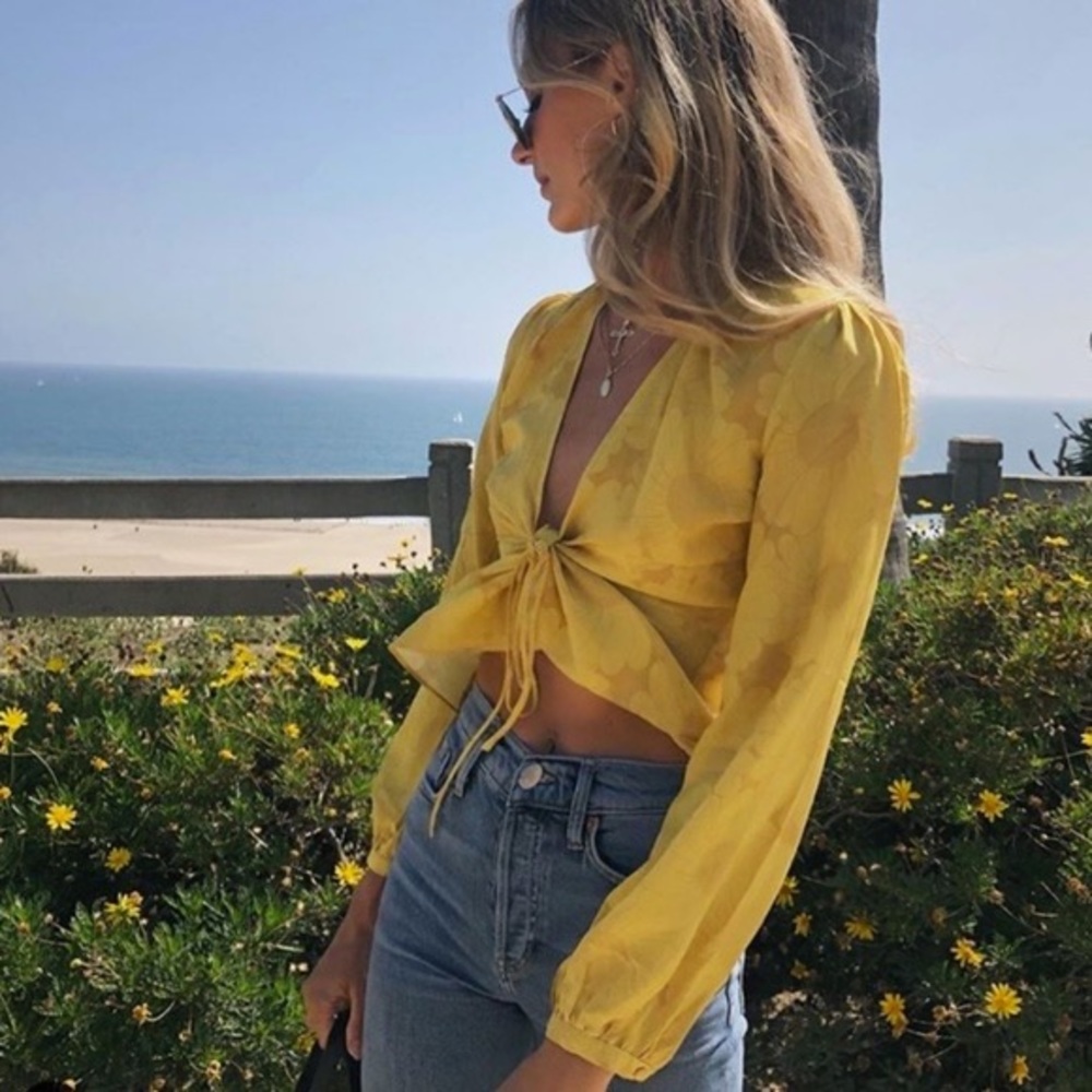Reformation Par Yellow Tie-Front Long-Sleeve Crop Top